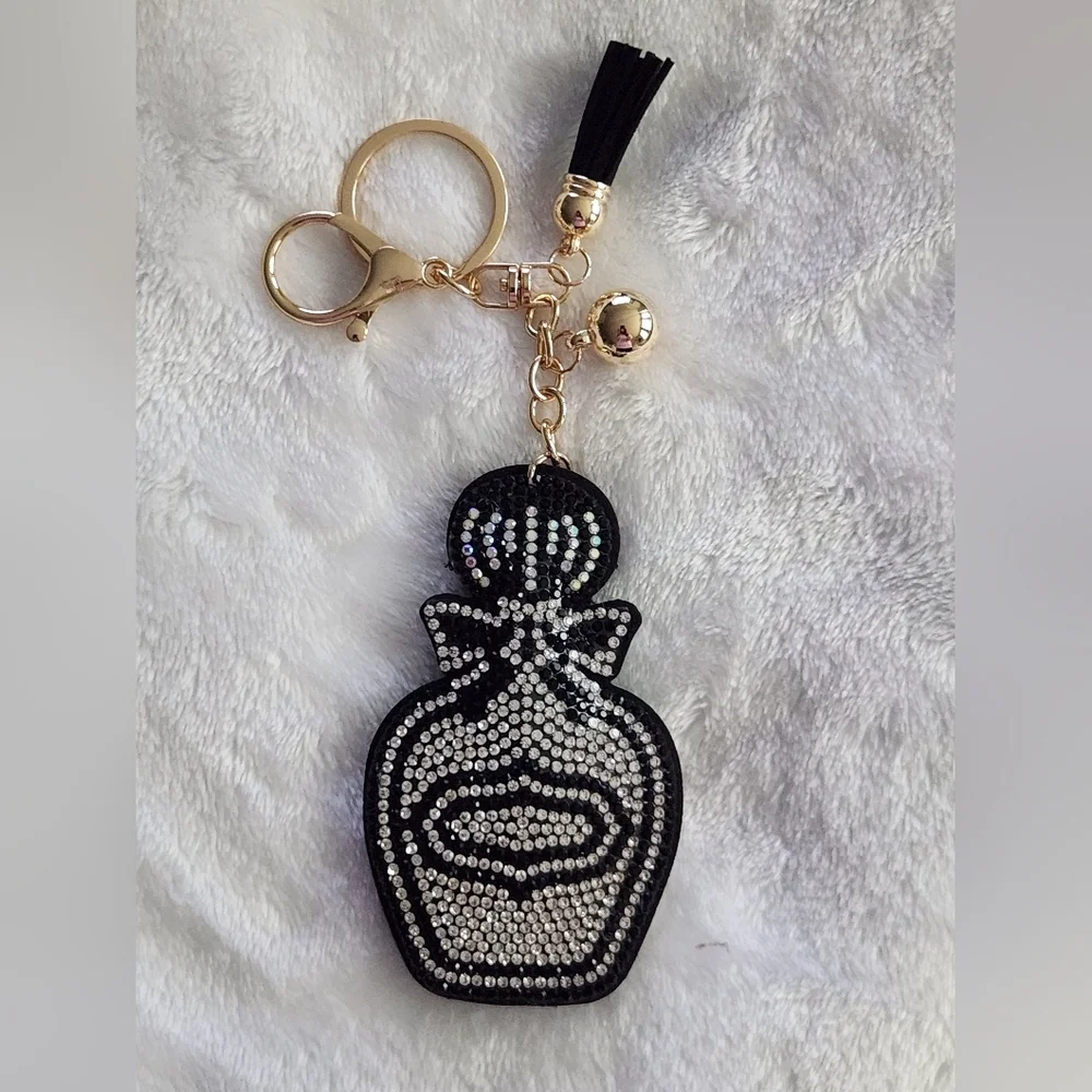 Perfume Bottle Black and Silver Rhinestones Keychain with Tassel Bag Charm